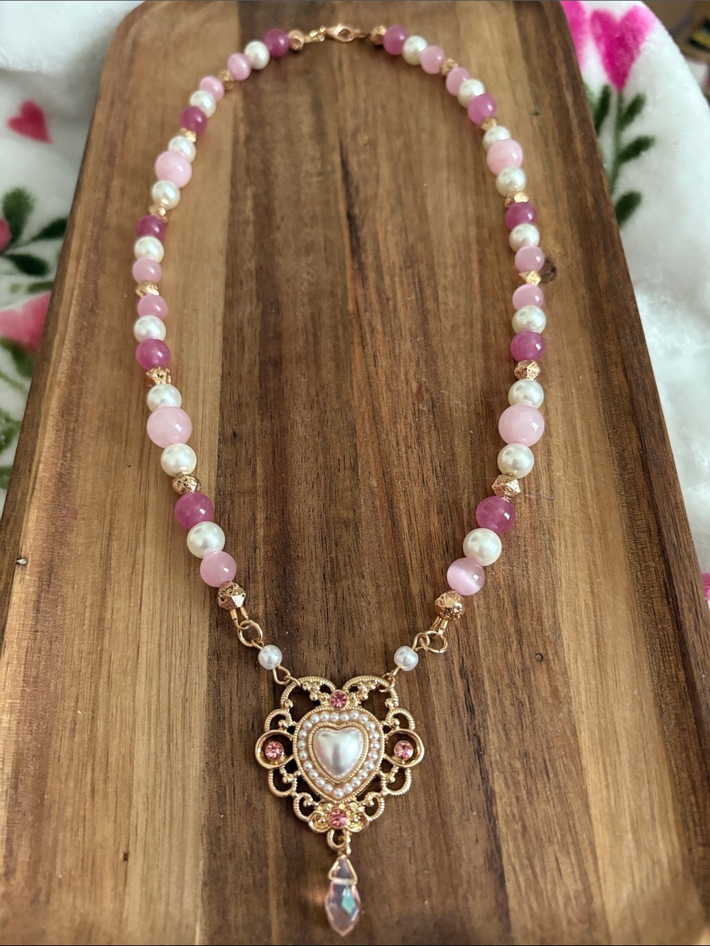 Handmade Pink Pearl Heart Pendant Necklace w Rose Quartz & Strawberry Quartz